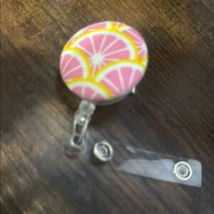 Pink and Yellow grape fruit Citrus badge reel  Clip